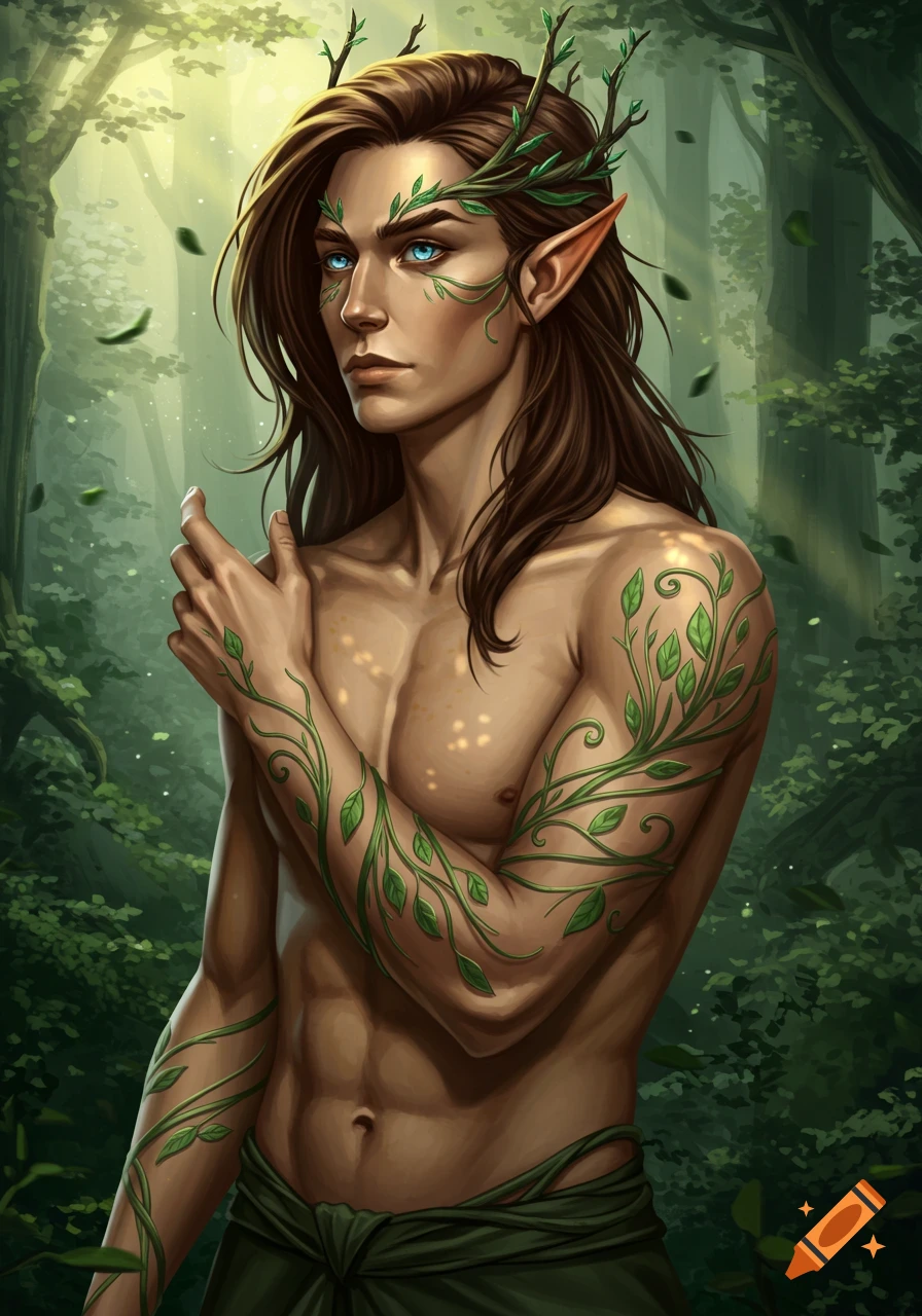 A long-haired forest elf with blue eyes, leafy tattoos, and branch antlers stands in a lush forest.