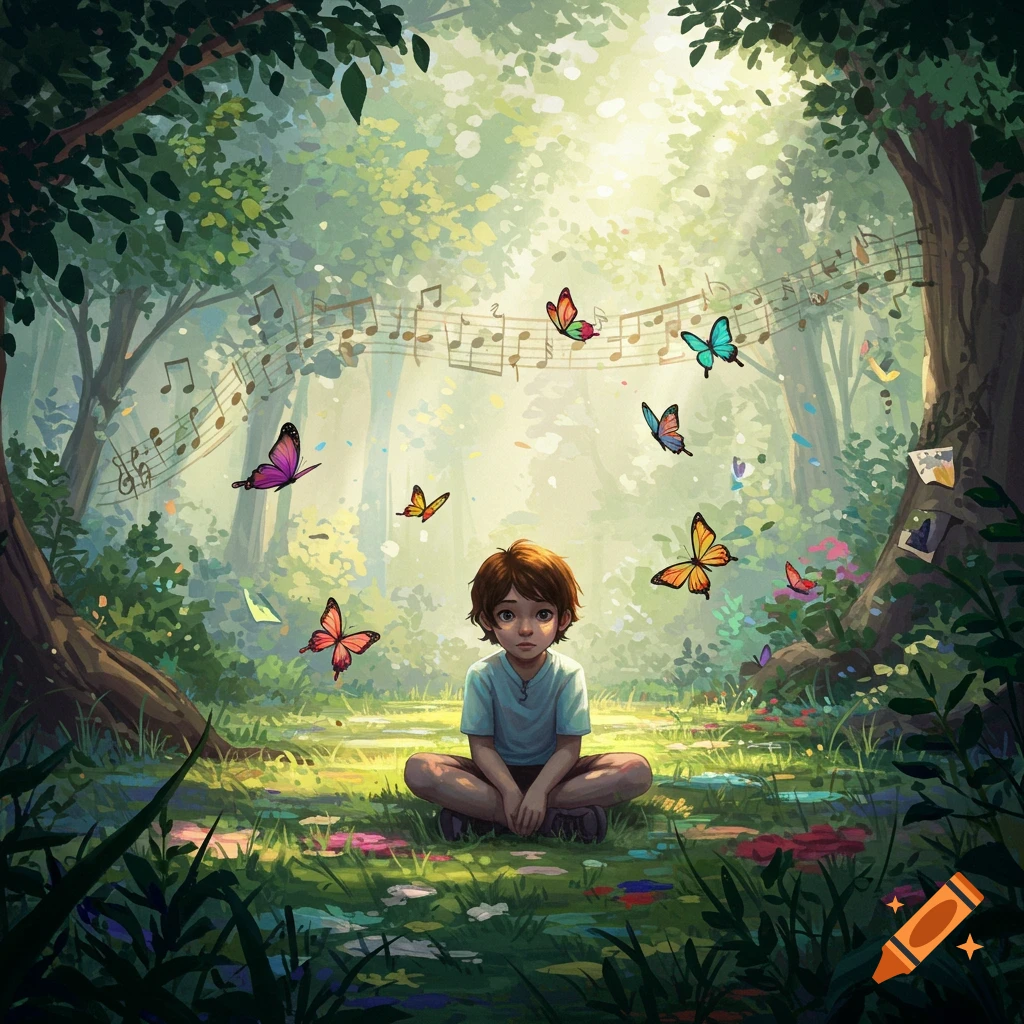 A young child sits cross-legged in a sun-dappled forest clearing, surrounded by colorful butterflies and floating musical notes. Digital art.