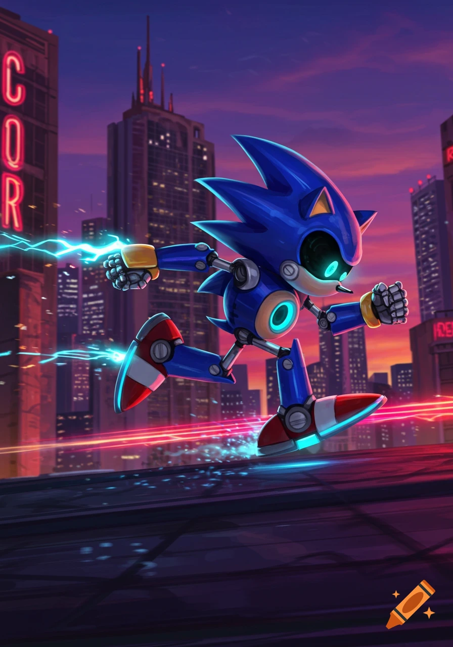 Metal Sonic runs quickly through a futuristic city at sunset, generating electric sparks.
