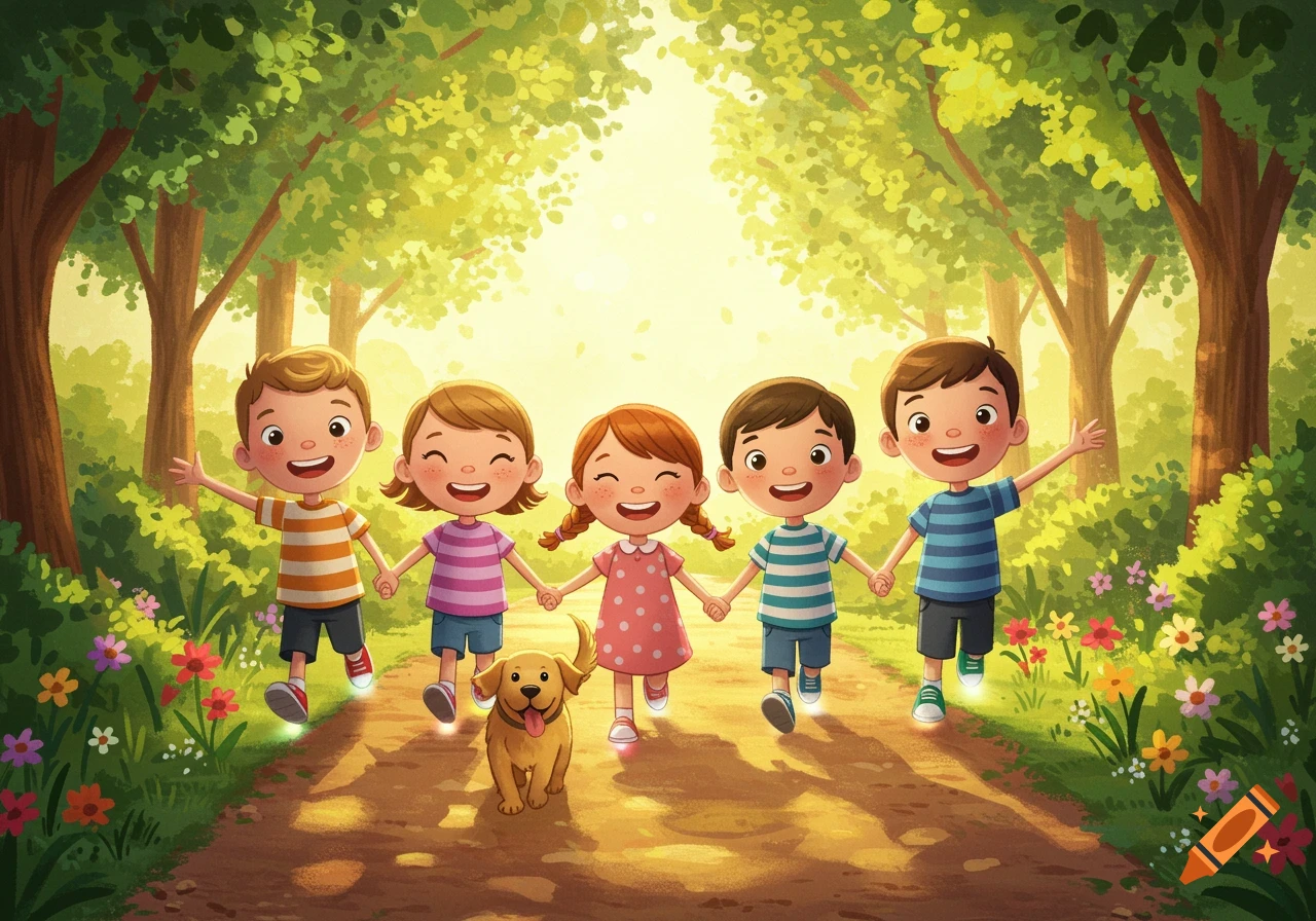 Five happy children and a golden retriever dog walk hand-in-hand down a sunlit path in a cheerful forest illustration.