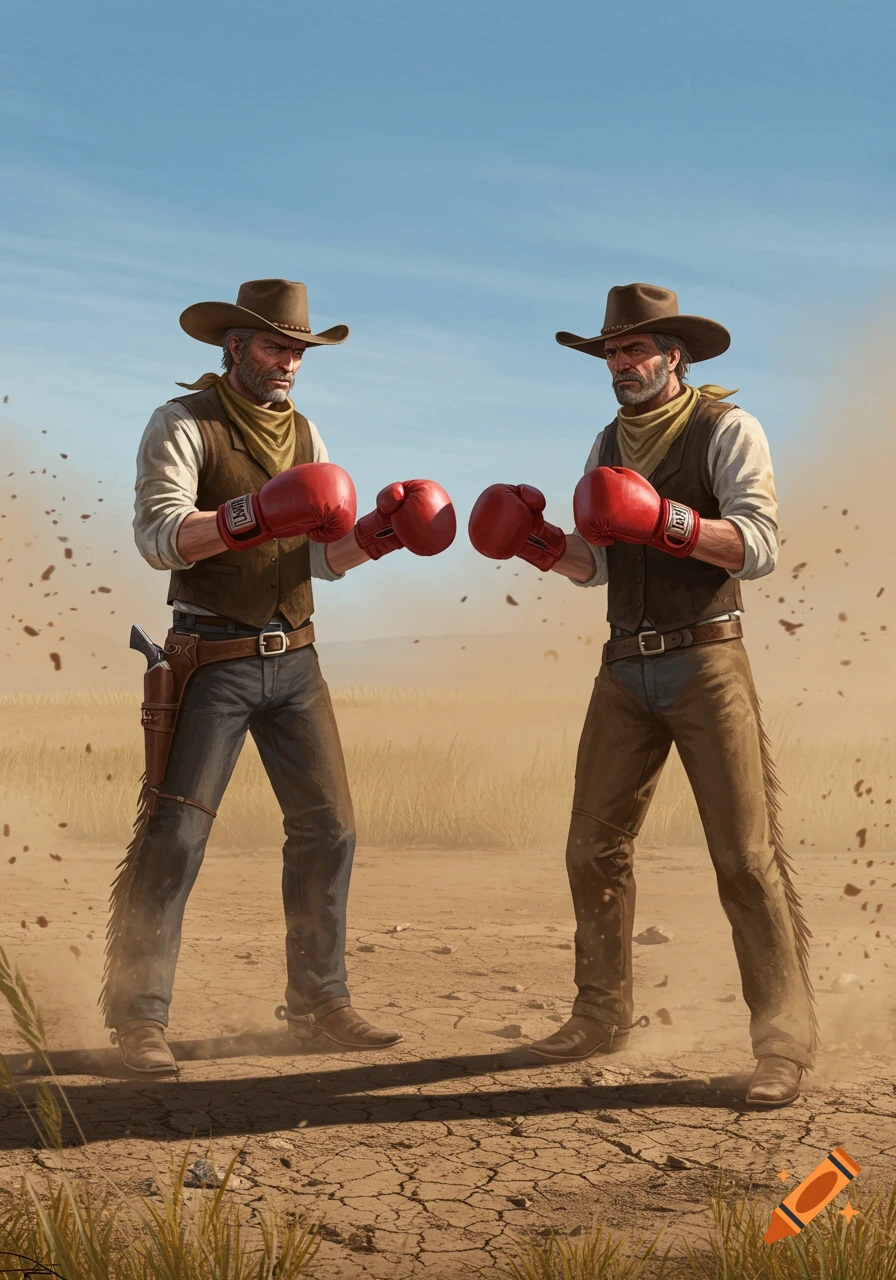 Two photorealistic cowboys in hats and vests, wearing red boxing gloves, pose to fight in a dusty, arid outdoor setting.