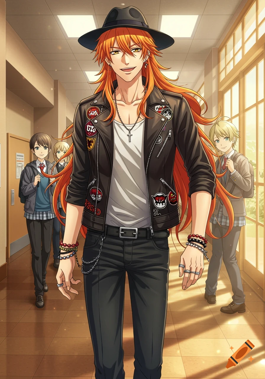 Anime male character with long orange hair, black fedora, leather jacket, and black jeans, smirking while walking through a school hallway.