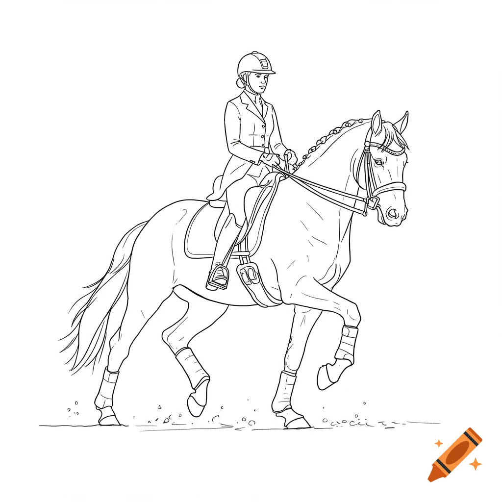 Line art drawing of a woman in riding gear on a horse performing dressage.