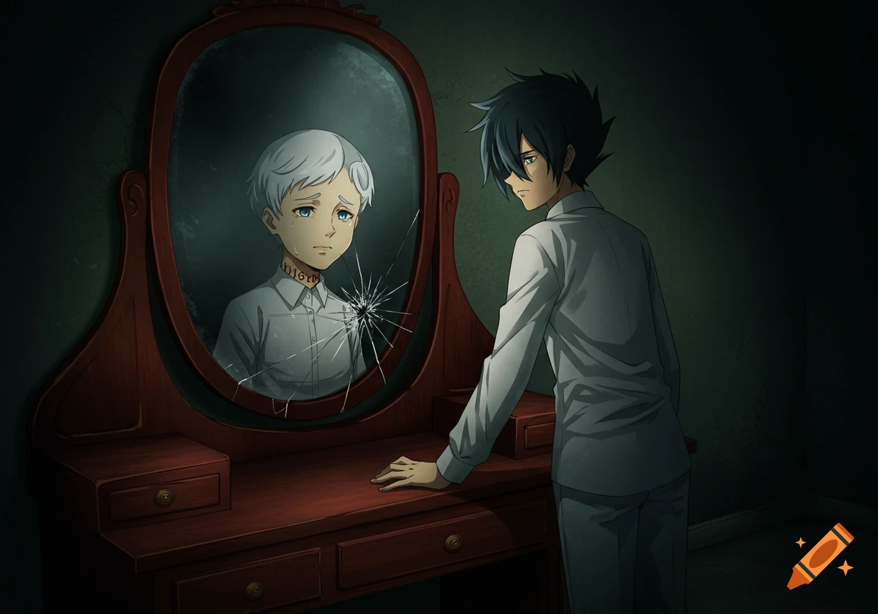 Anime scene: Ray from The Promised Neverland stands before a cracked mirror, seeing Norman's tearful, melancholic reflection with distorted numbers on his neck.