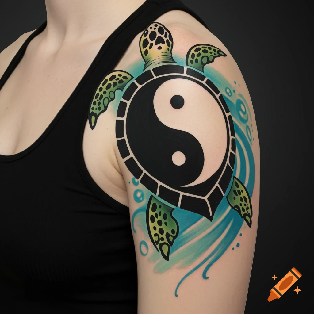 A cell-shaded tattoo of a turtle with a black and white Yin-Yang symbol as its shell, covering a person's shoulder, with blue water-like elements around it.