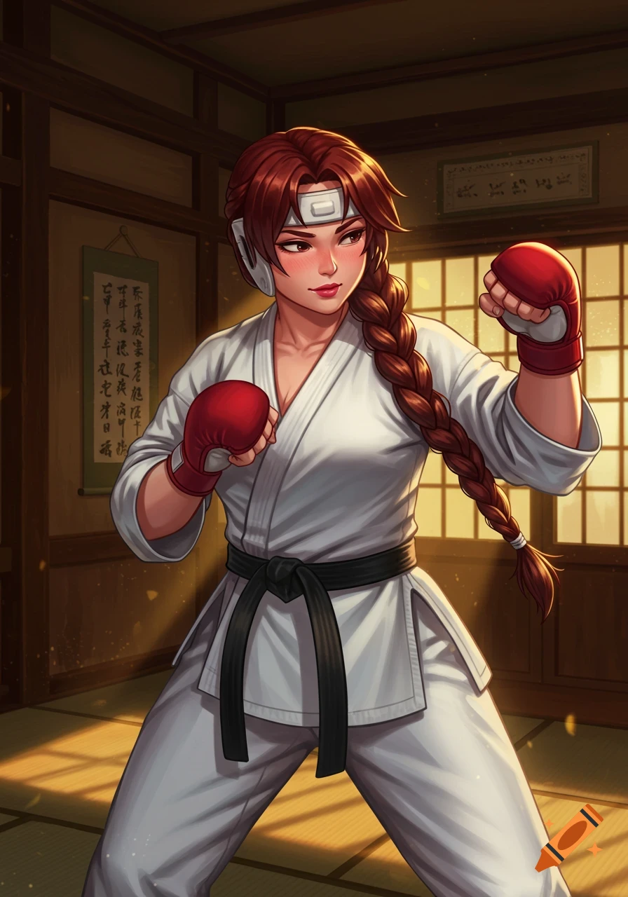 Anime woman in a white karate gi, red sparring gloves, and headgear, standing in a dojo with a long braid.
