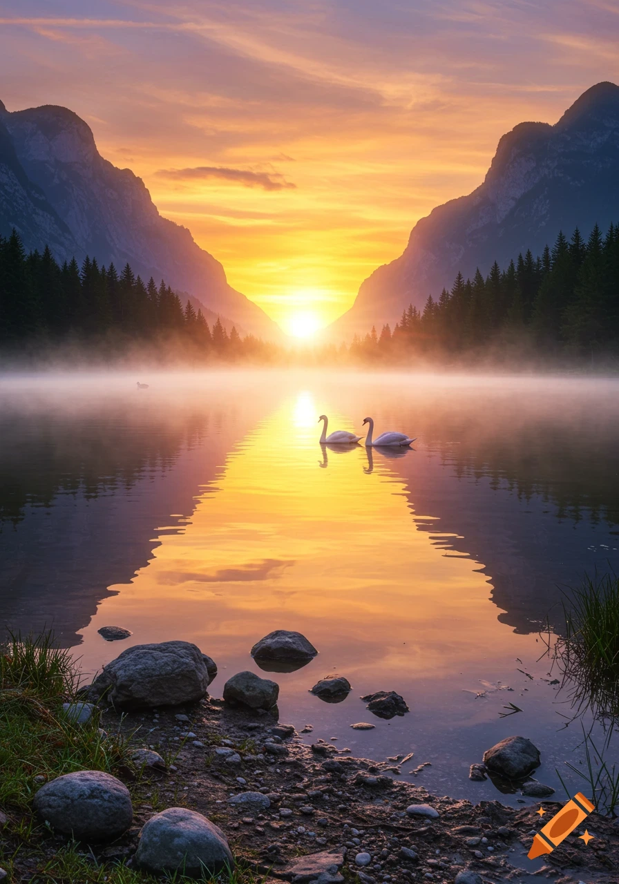 Photorealistic image of two white swans on a misty lake at sunrise, with mountains and pine forests in the background, vibrant orange and yellow sky reflected in the water.