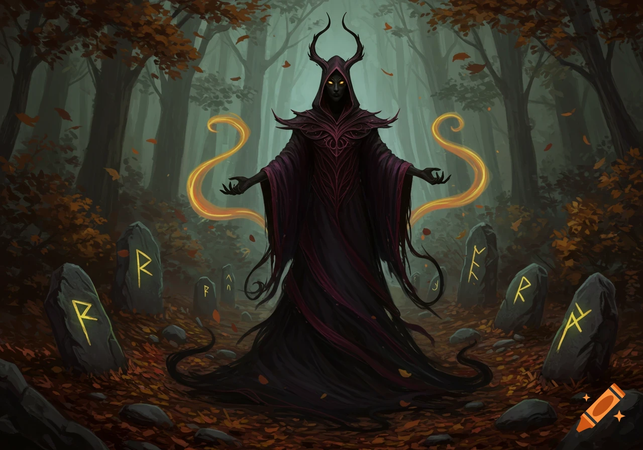 A dark, horned figure in a hooded cloak emanates golden magic in an autumnal forest with glowing runic stones, digital painting.