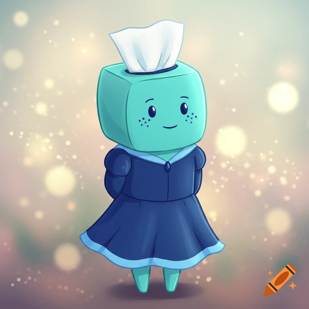 A cute, smiling cyan tissue box character wearing a dark blue dress with light blue trim, holding hands behind her back, in a soft, bright cartoon style.