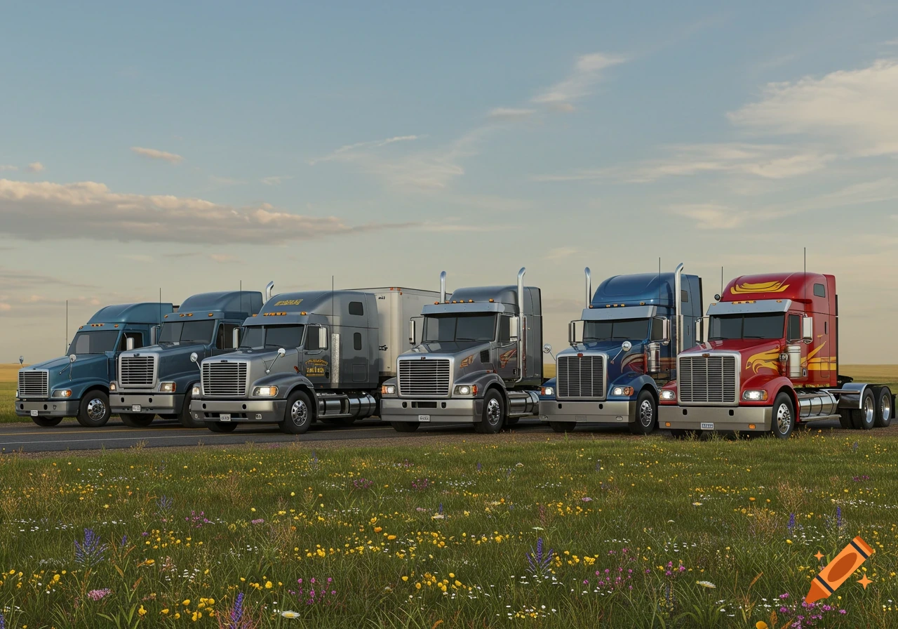 A photorealistic image of a line of semi-trailer trucks of different colors parked on a road beside a field of wildflowers under a cloudy sky.