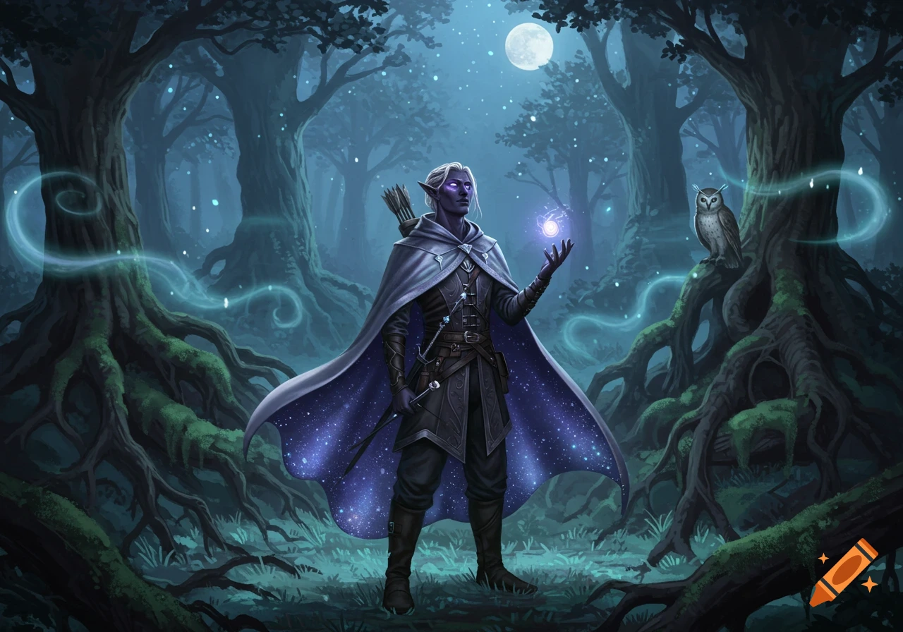 A male dark elf ranger with a bow stands in a mystical blue-lit forest under a full moon, holding a glowing orb while an owl watches from a tree branch.