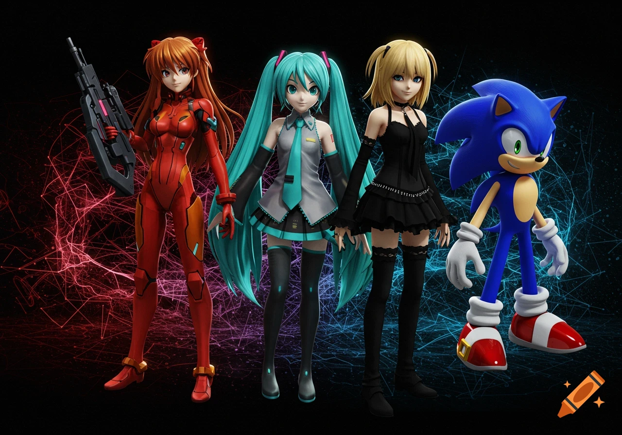 Asuka Langley, Hatsune Miku, Misa Amane, and Sonic the Hedgehog stand together in a stylized 3D render.