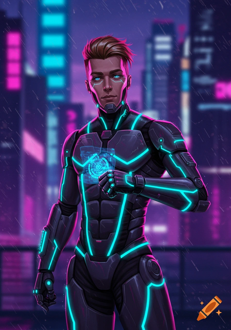 A futuristic man in a black and neon blue armored suit looks at a holographic display on his wrist, in a rainy cyberpunk city at night.