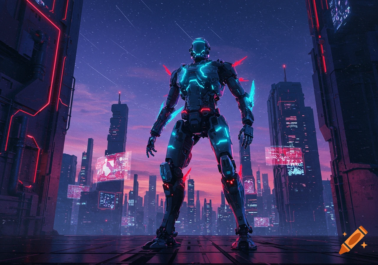 A glowing, armored robot stands on a platform overlooking a futuristic cyberpunk city at dusk with holographic screens.