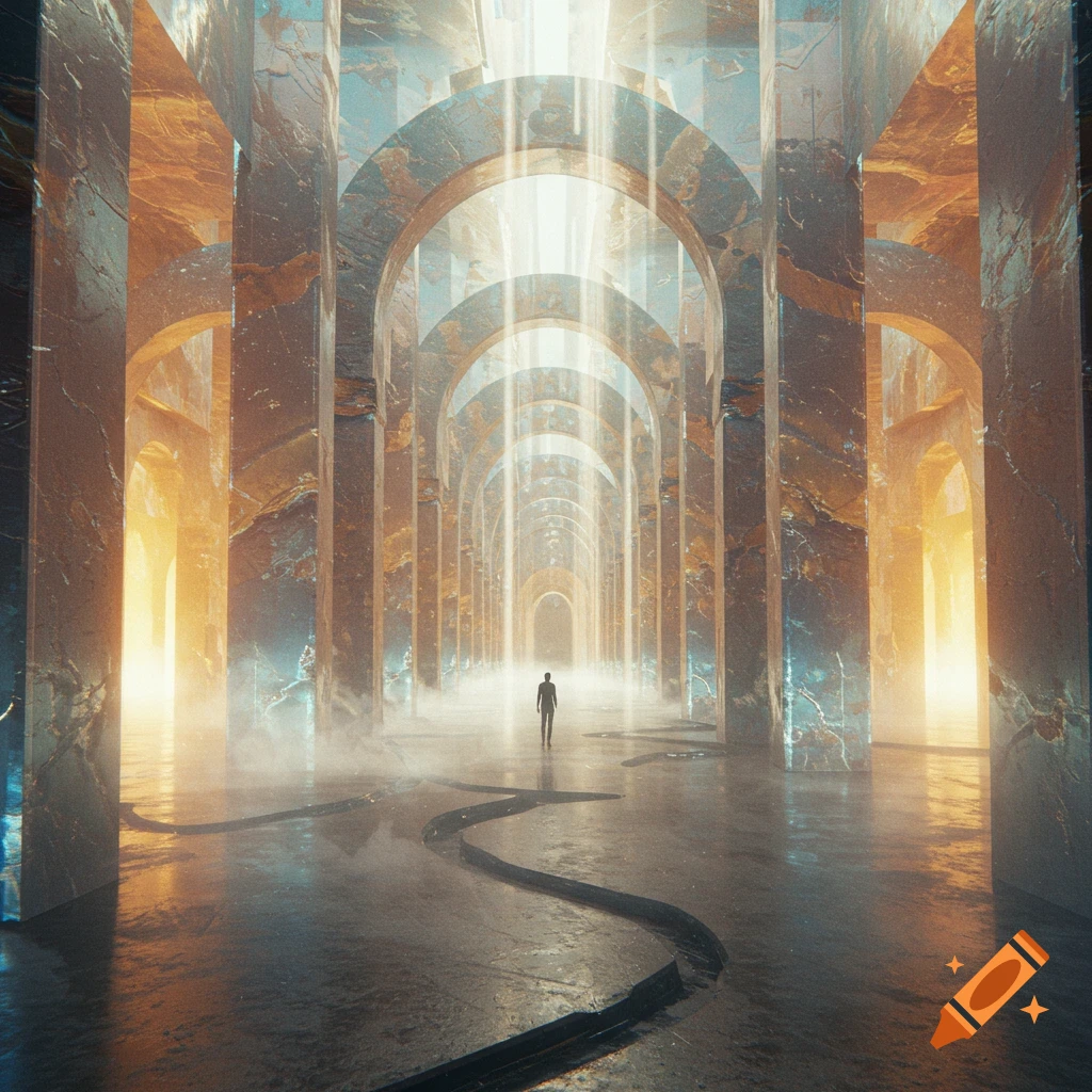 A lone figure walks down a grand, ethereal arched corridor filled with light and mist, with a winding crack on the floor.