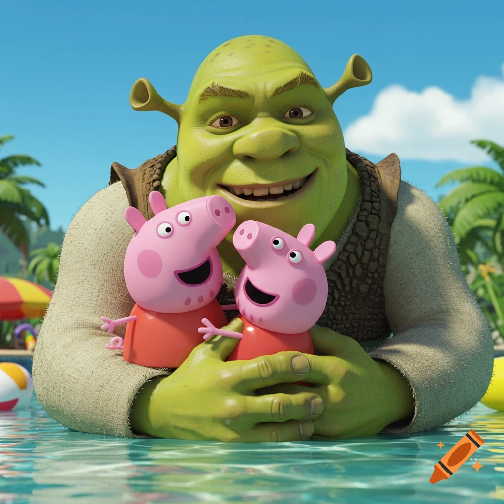 Shrek smiles broadly, holding two smiling Peppa Pig characters in a clear blue swimming pool. Palm trees and beach umbrellas are in the background under a sunny sky.