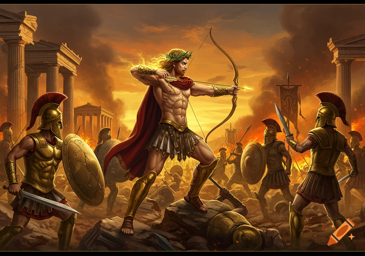 A muscular Greek god, Apollo, with a laurel wreath and red cape, shoots an arrow in a fiery battle with Spartan-like warriors and collapsing ancient temples in the background.