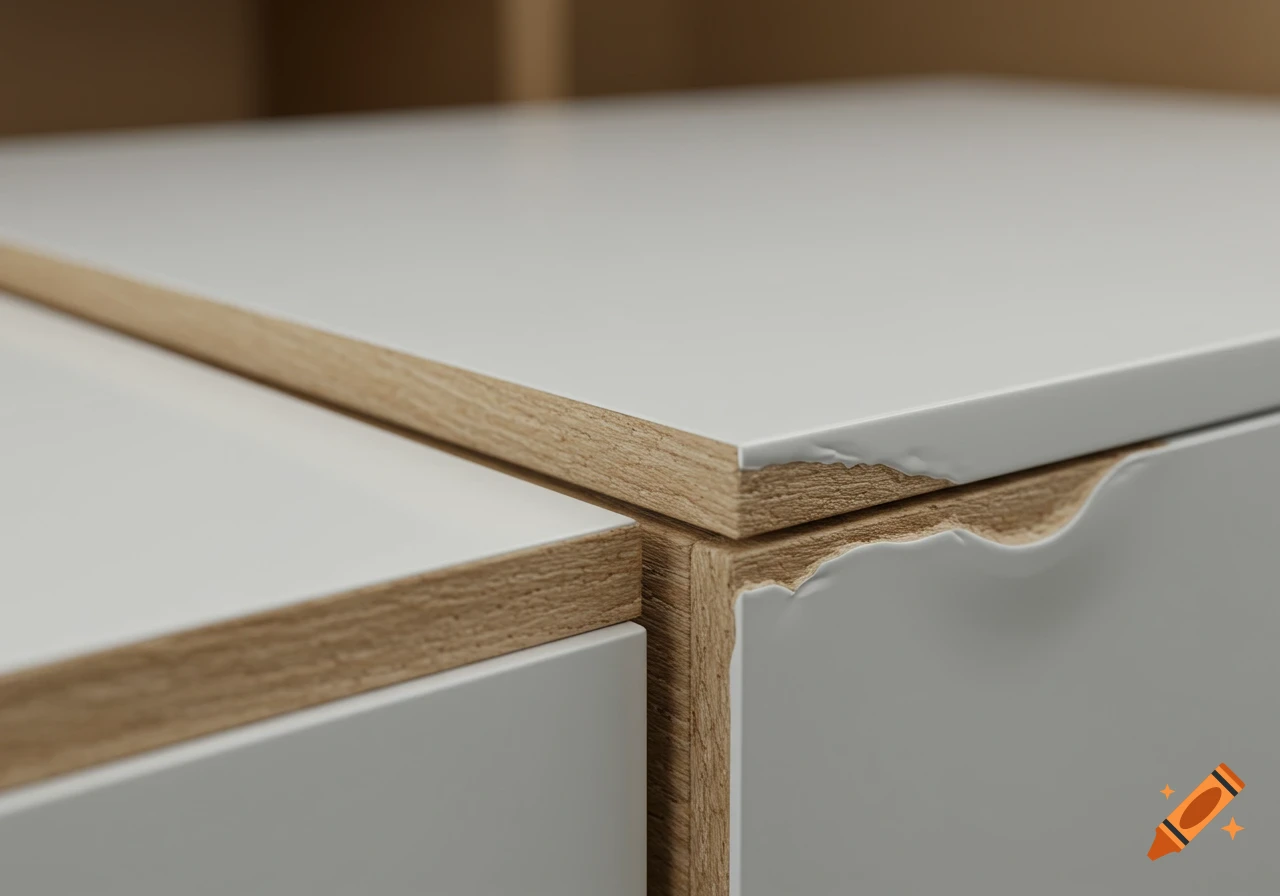 Close-up photorealistic image of water-damaged white particle board flatpack furniture with swollen, peeling laminate.