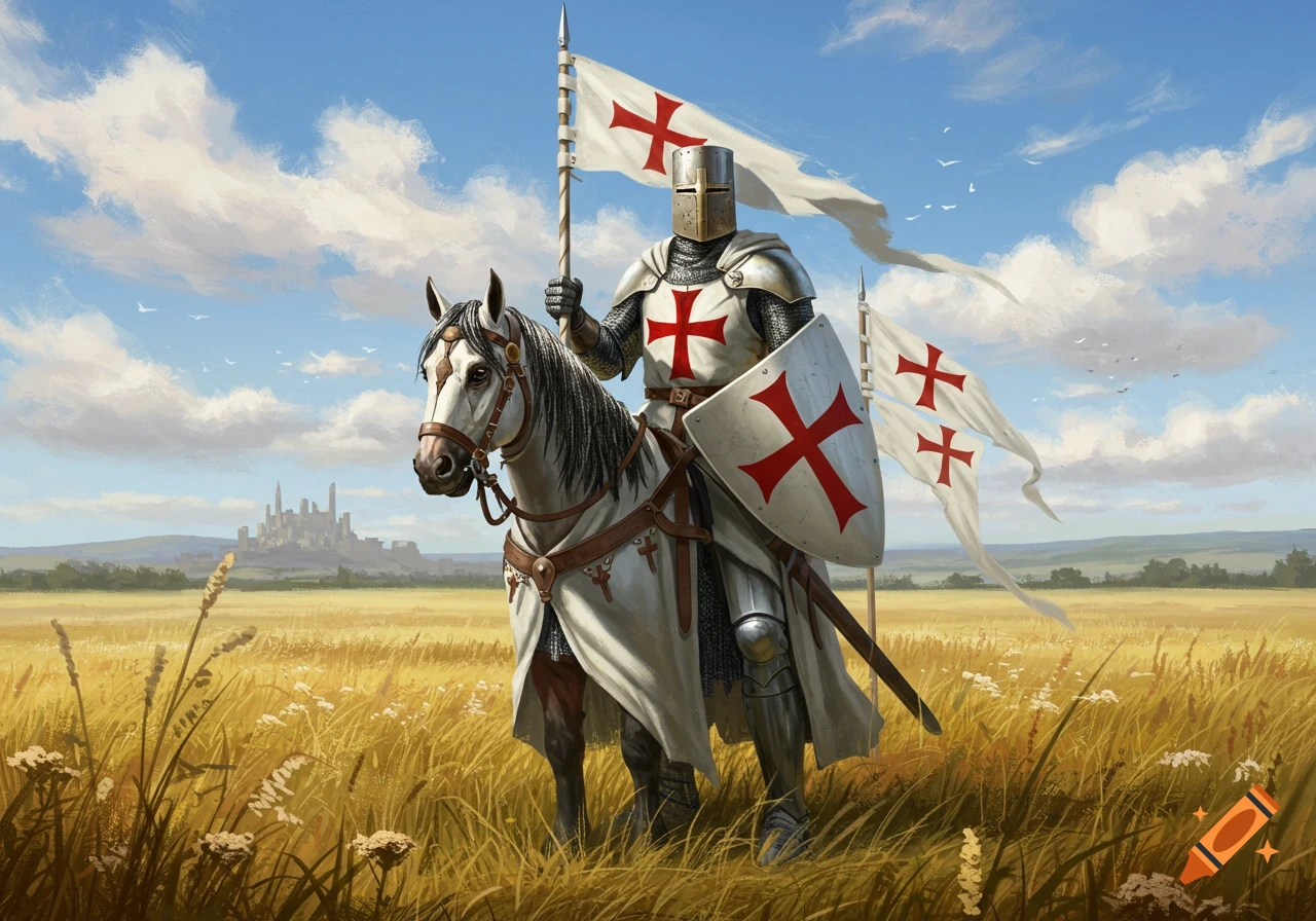 A knight in full crusader armor on a white horse, holding a banner and shield with red crosses, in a golden field under a blue sky.