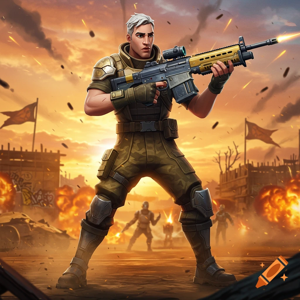 A stylized male soldier from Fortnite, Jonesy, holds a rifle in a destroyed battlefield with explosions at sunset.