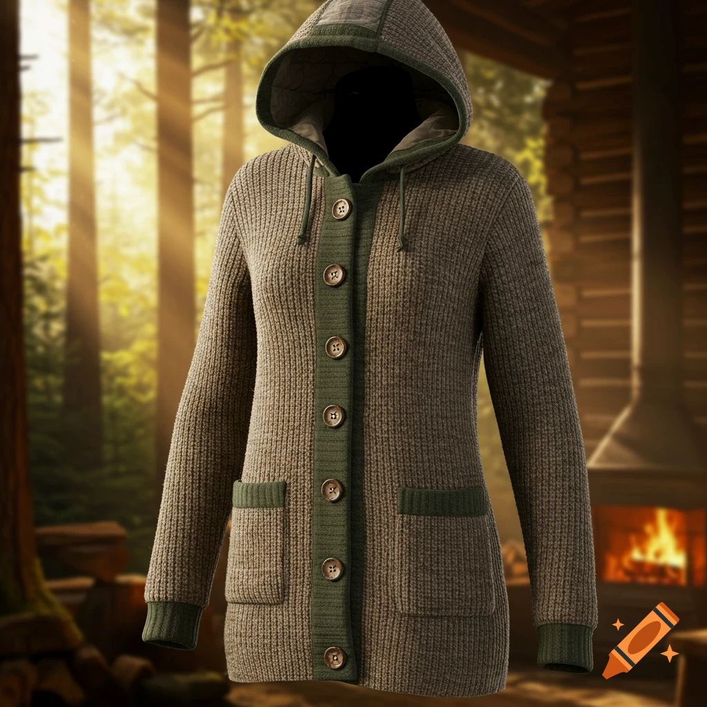 Brown and green hooded knit cardigan with buttons and pockets, against a blurred sunlit forest and a cabin with a fireplace.
