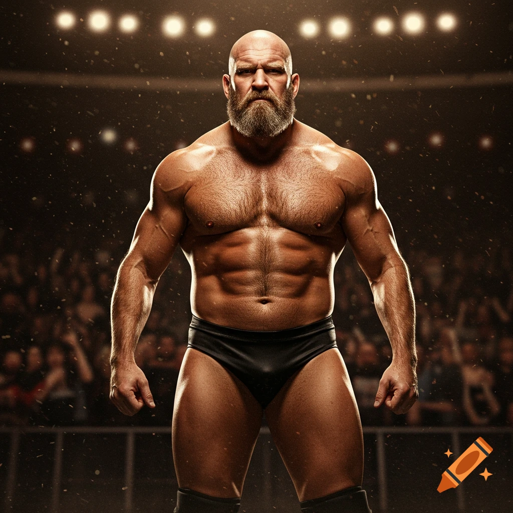 A bald, bearded, muscular male wrestler in black trunks stands in a spotlighted arena, looking stern.