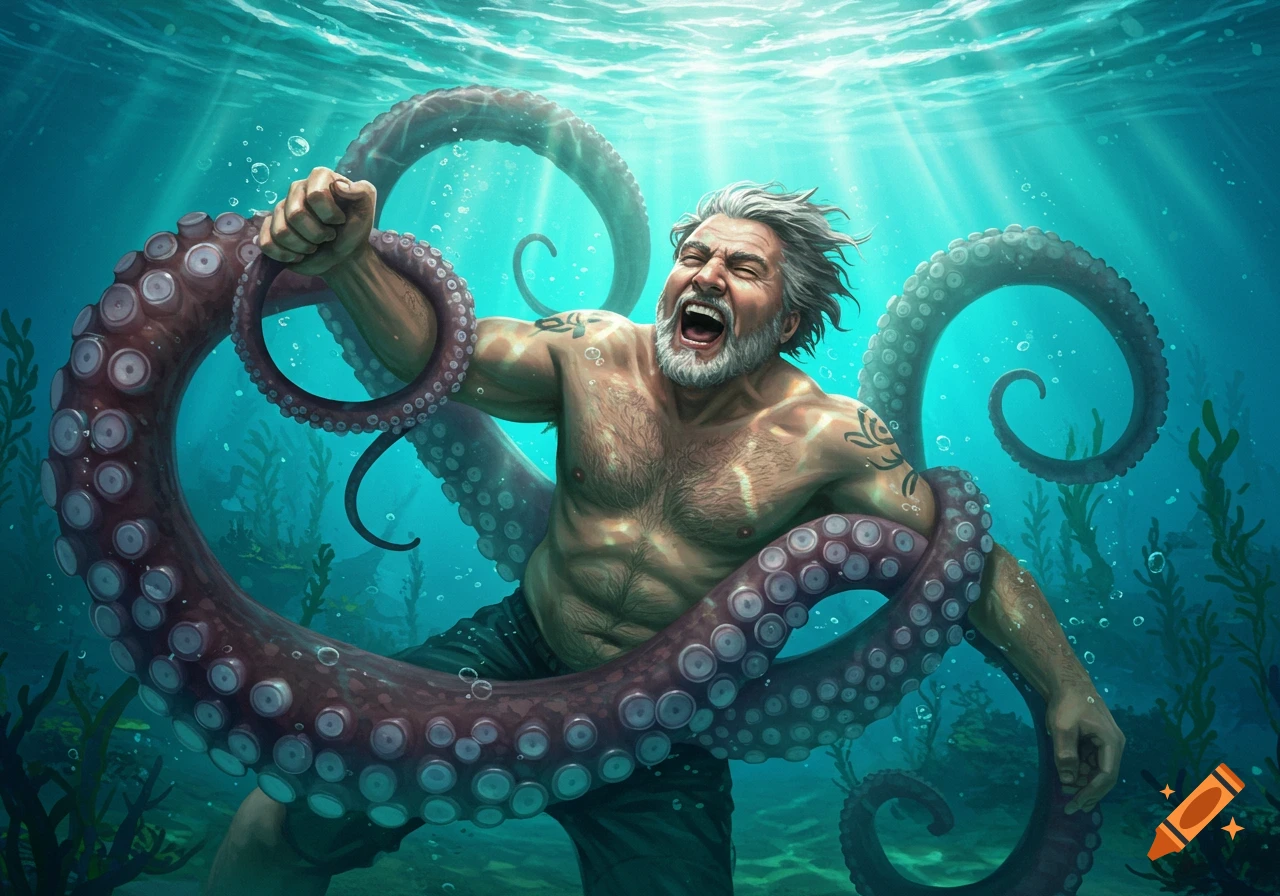 Muscular man with grey beard screaming, pulled underwater by a giant octopus in a digital illustration.