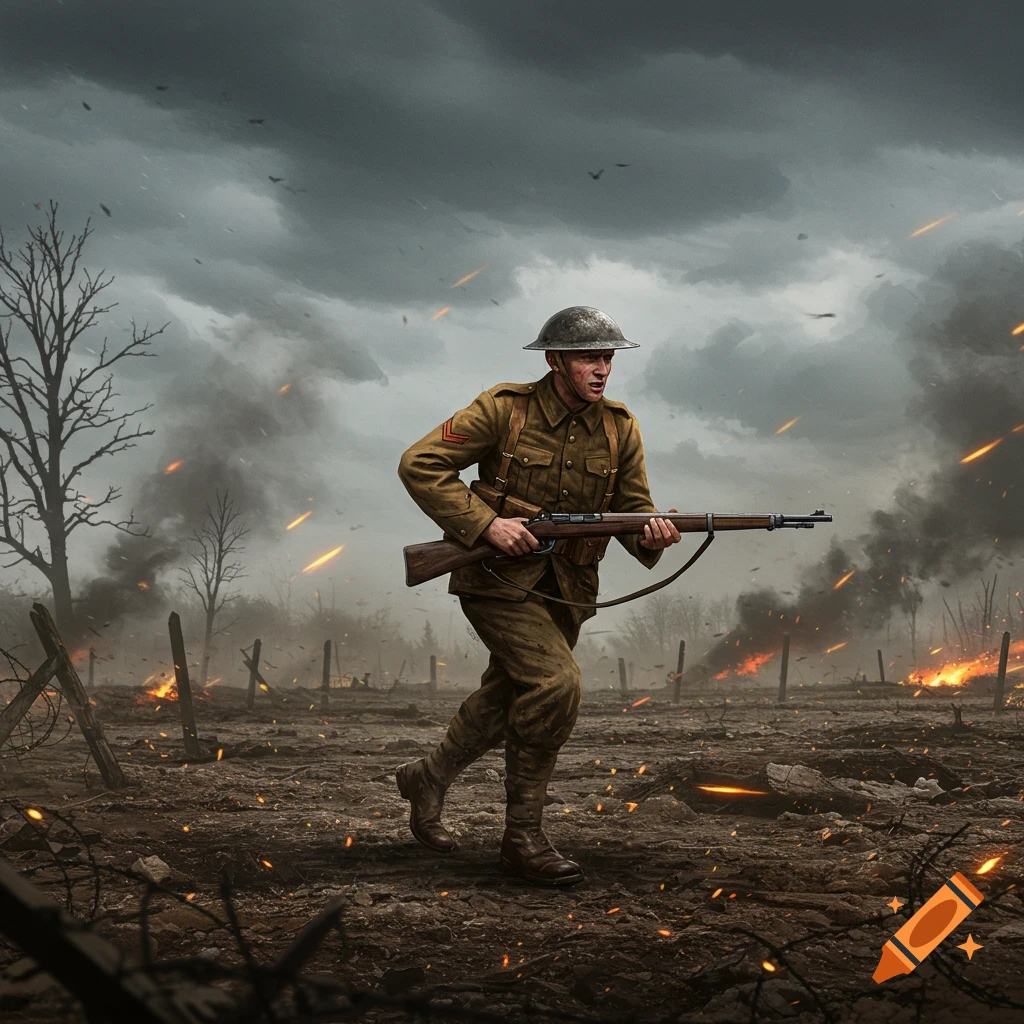 A World War I Canadian soldier runs across a desolate, muddy battlefield under a stormy sky, with distant fires and smoke.