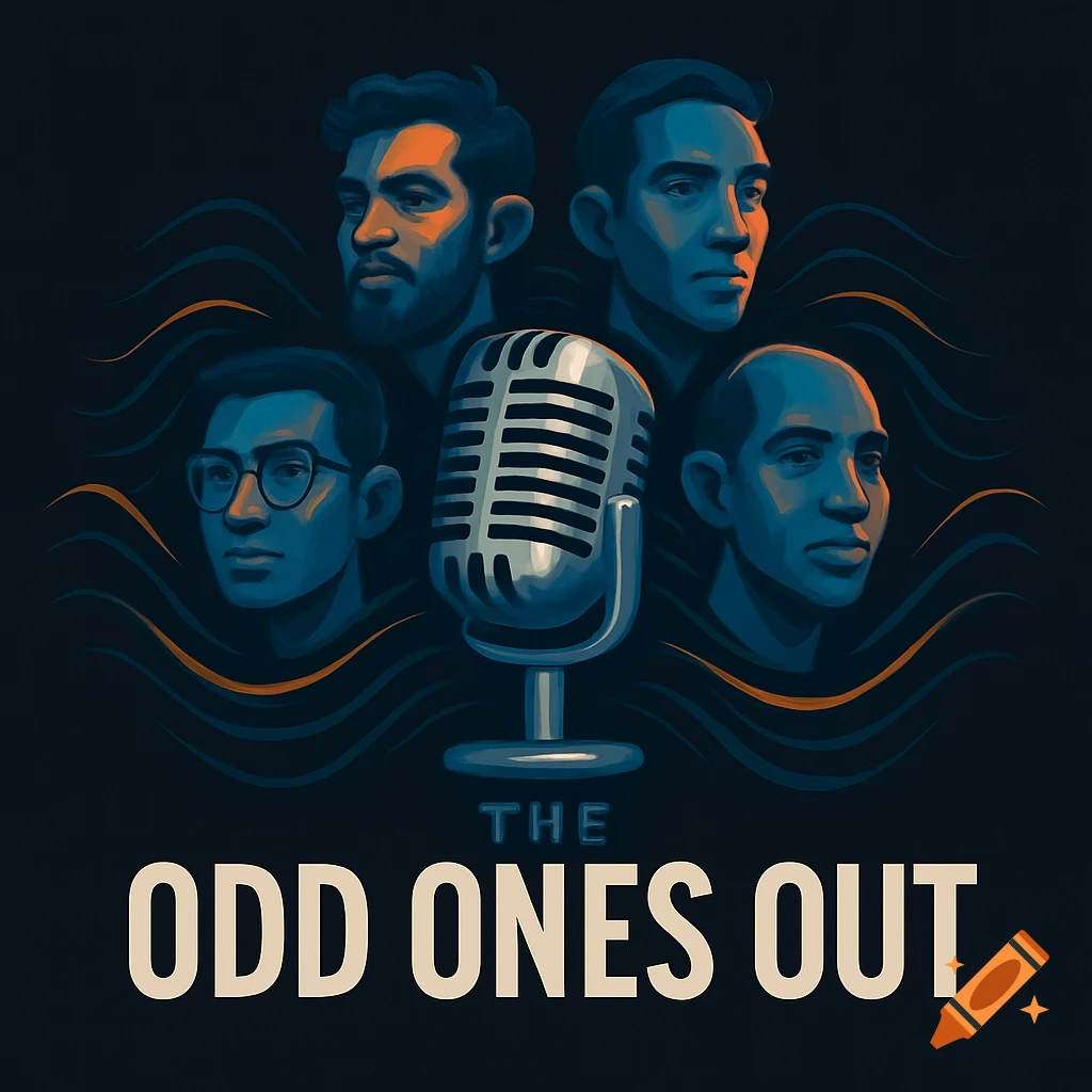 Stylized illustration of four men's faces surrounding a vintage microphone, with the text 'THE ODD ONES OUT' below.