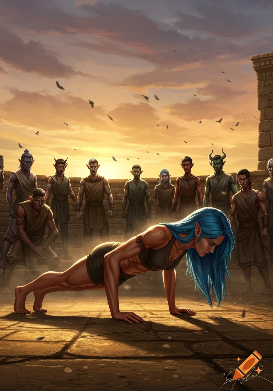 Fantasy illustration of a muscular elf woman with blue hair doing a pushup as male elf students watch in a ruined courtyard at sunset.