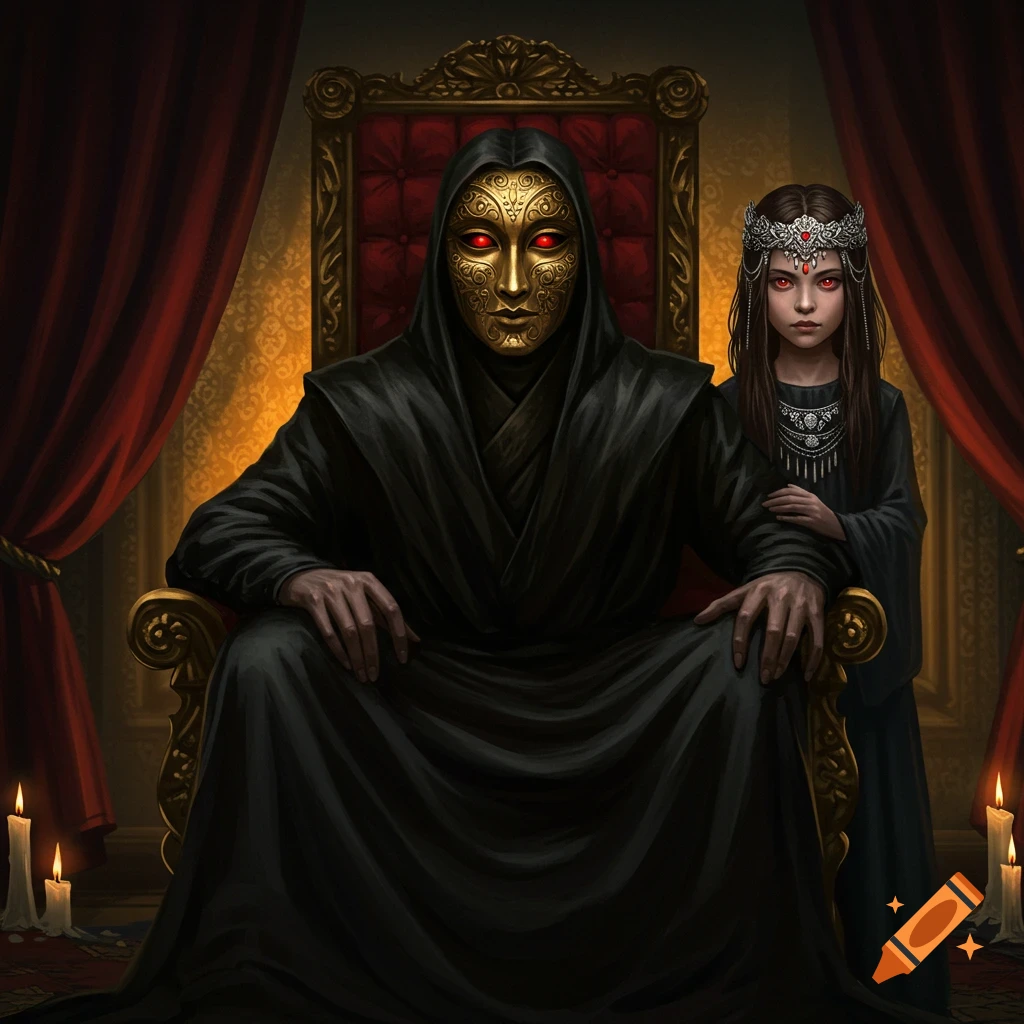 A man in a golden mask and black robes sits on a throne with a girl in a headdress; both have red eyes in a dark, ornate room.