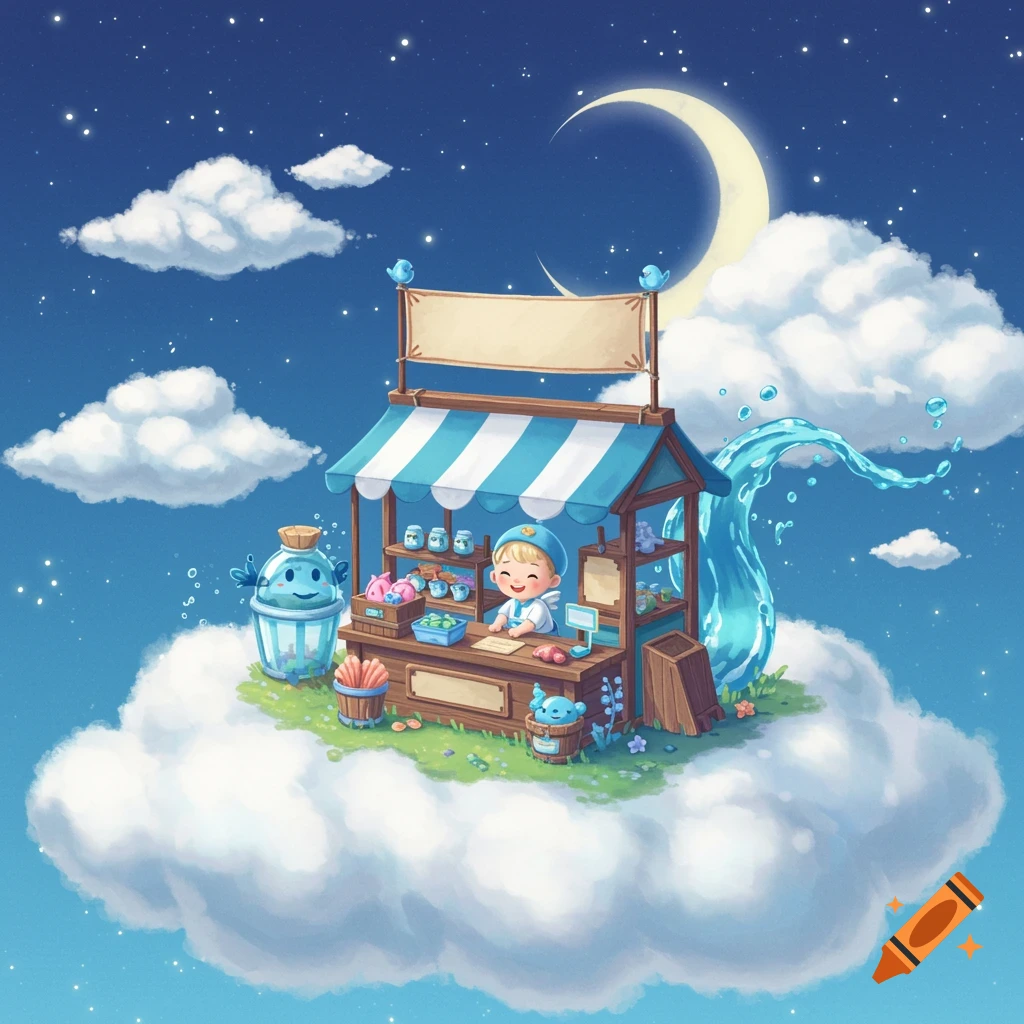 A cheerful baby boy is a shopkeeper at his magical water shop on a fluffy cloud, under a starry night sky with a crescent moon in a whimsical storybook illustration style.