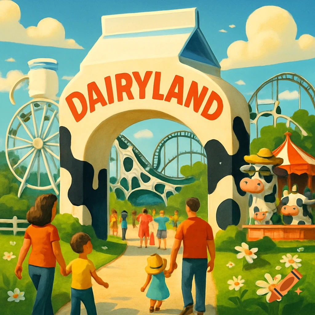 A family walks toward the entrance of Dairyland theme park, featuring a milk carton arch and cow-themed rides. Bright illustration.
