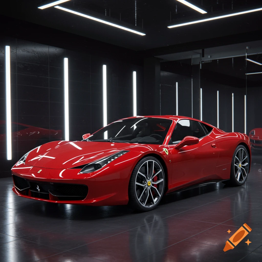 A red Ferrari sports car parked in a dark, sleek showroom with vertical white light strips on the walls and reflective floor.