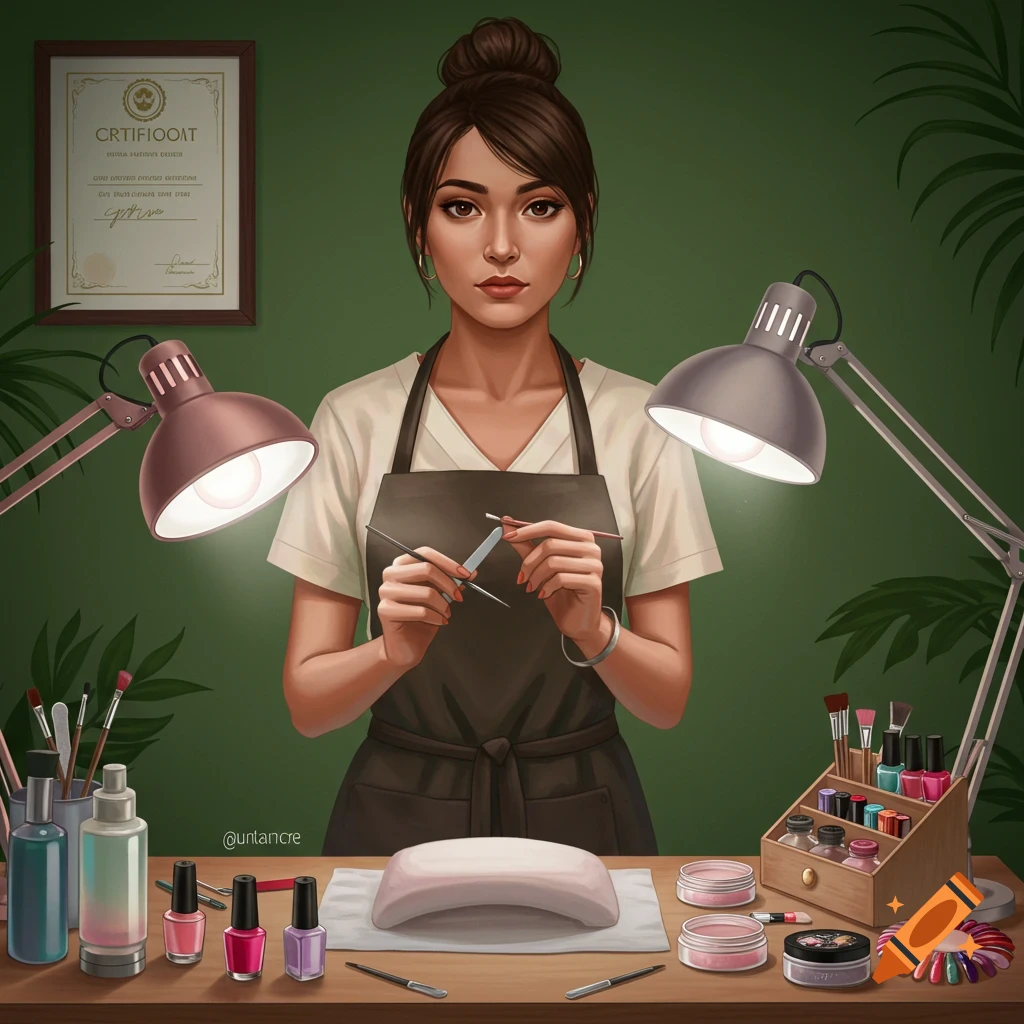 Digital illustration of a manicurist holding tools at a table with nail polishes and lamps, a certificate on the green wall.