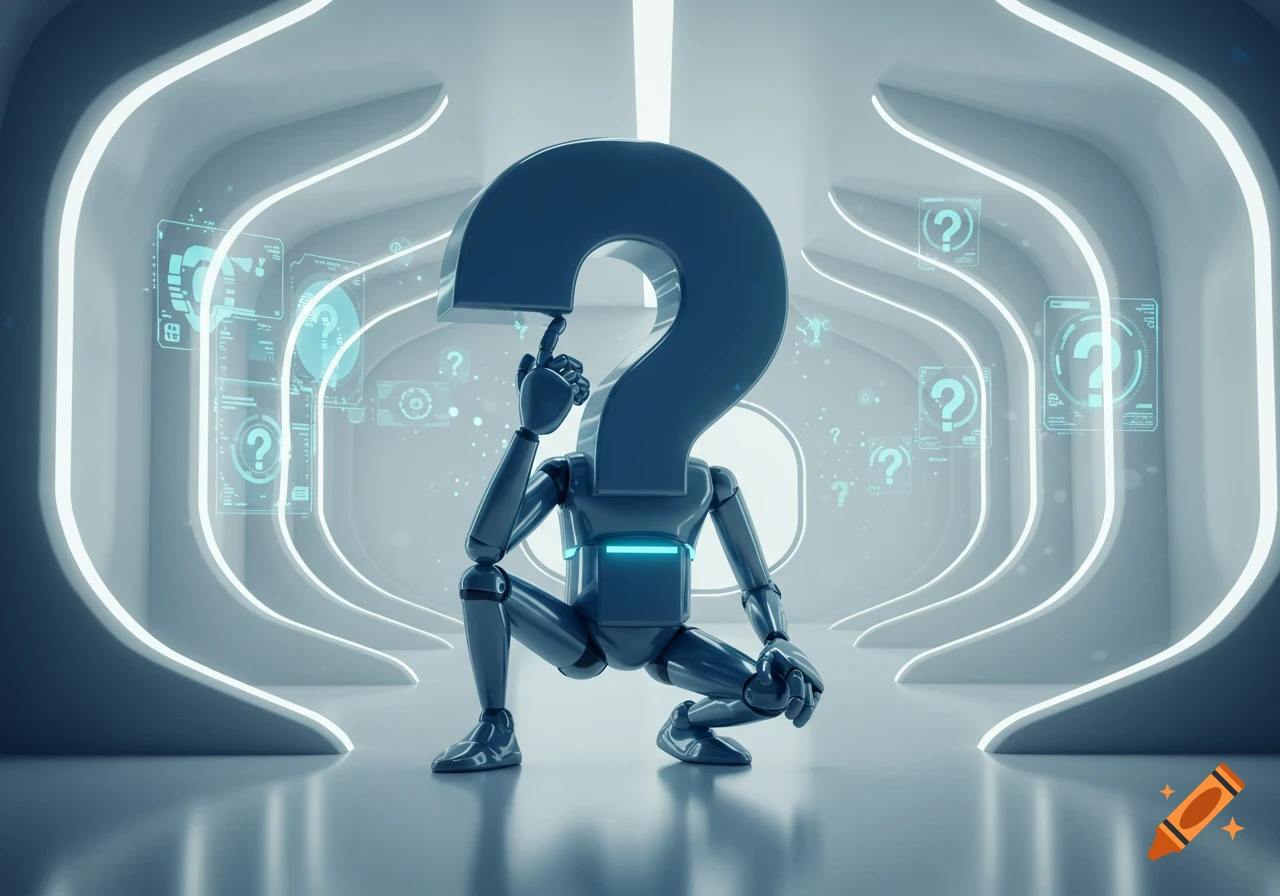 A CGI robot with a question mark head squats, deep in thought, in a futuristic, neon-lit room with holographic displays.