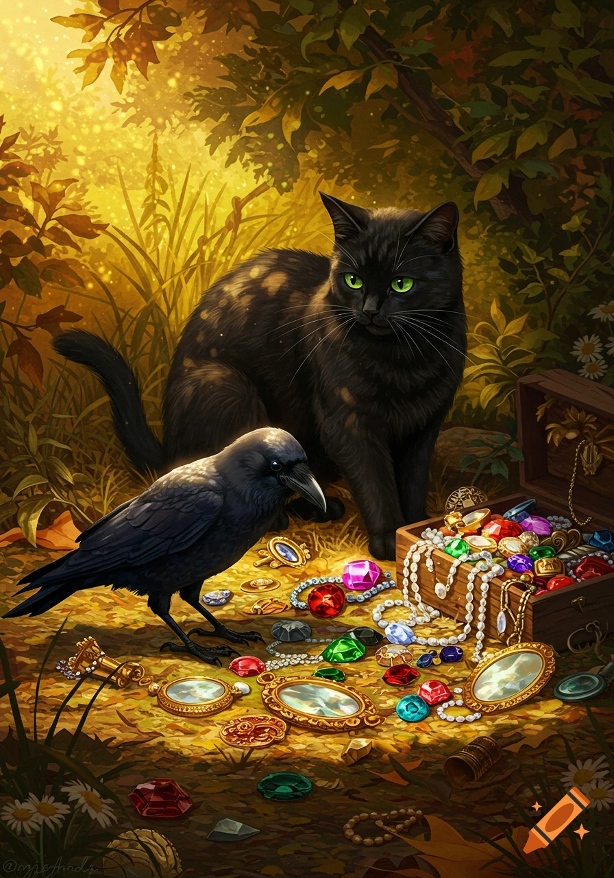 A black cat with green eyes and a crow guard a spilled chest of colorful jewels and golden trinkets in a sunlit forest.