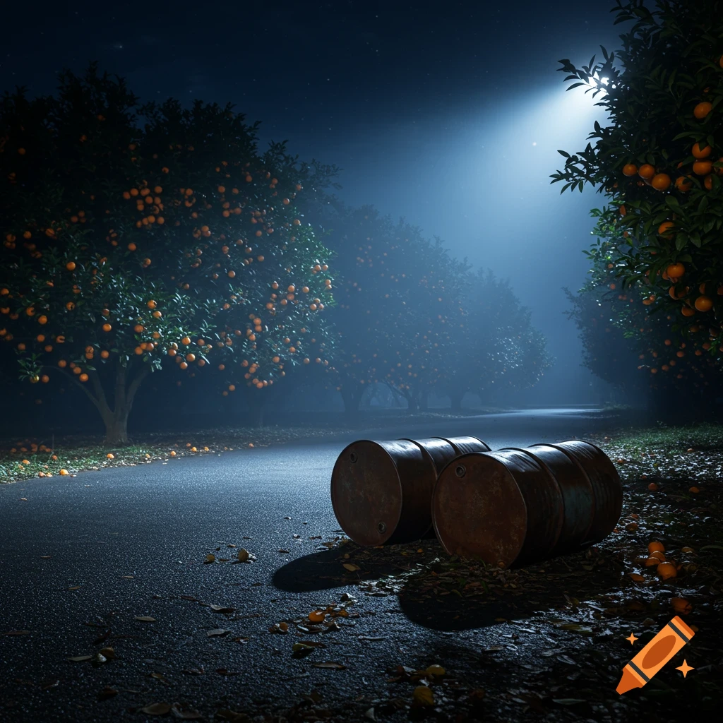 Two rusty barrels on a dark road in an orange grove at night, illuminated by a bright light.