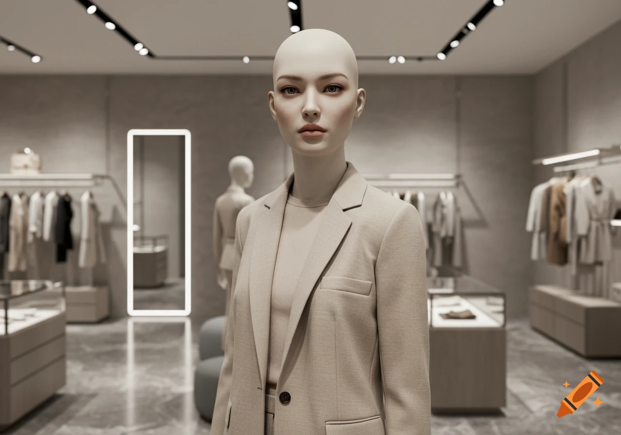 Photorealistic image of a bald female mannequin in a beige suit jacket, standing in a modern clothing store.