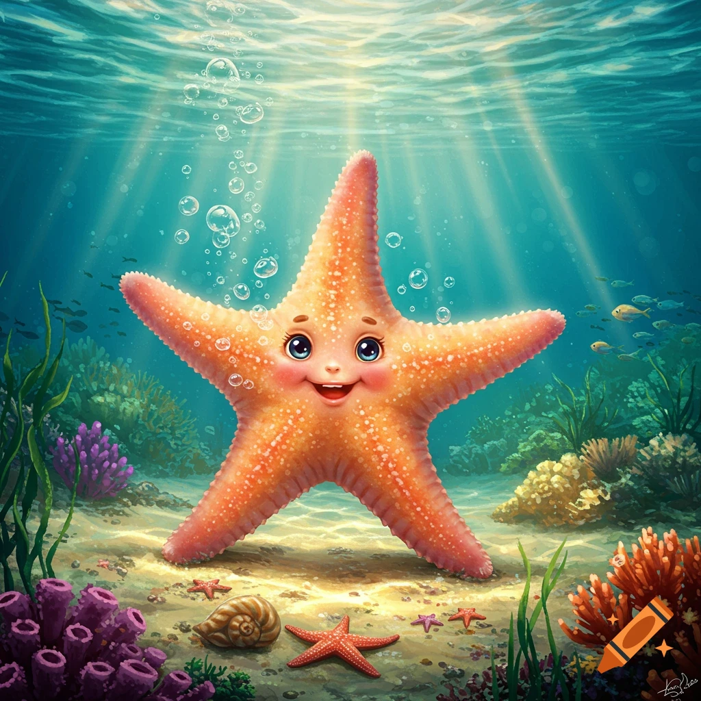 A cute, smiling anthropomorphic starfish with big blue eyes on the sandy ocean floor, surrounded by colorful coral and bubbles.