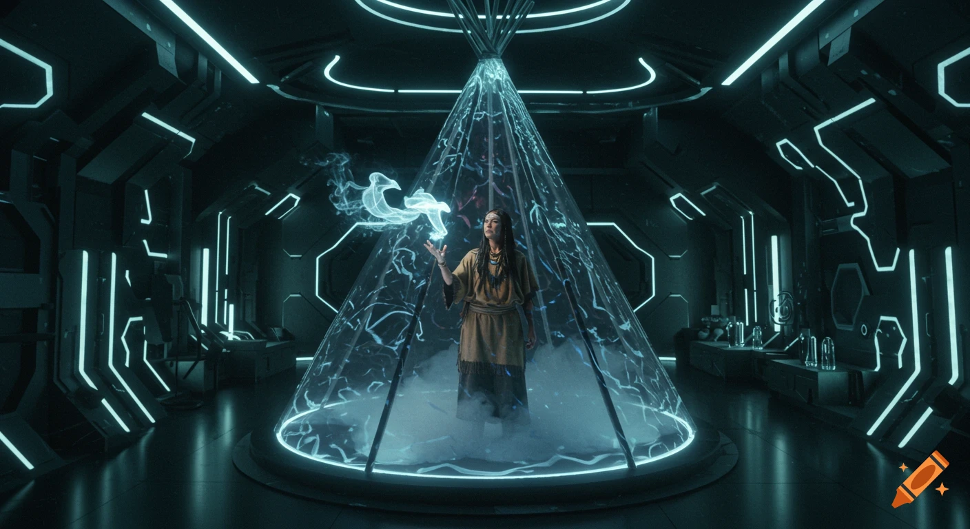 A woman in a futuristic room stands inside a transparent teepee, conjuring a glowing bird hologram.
