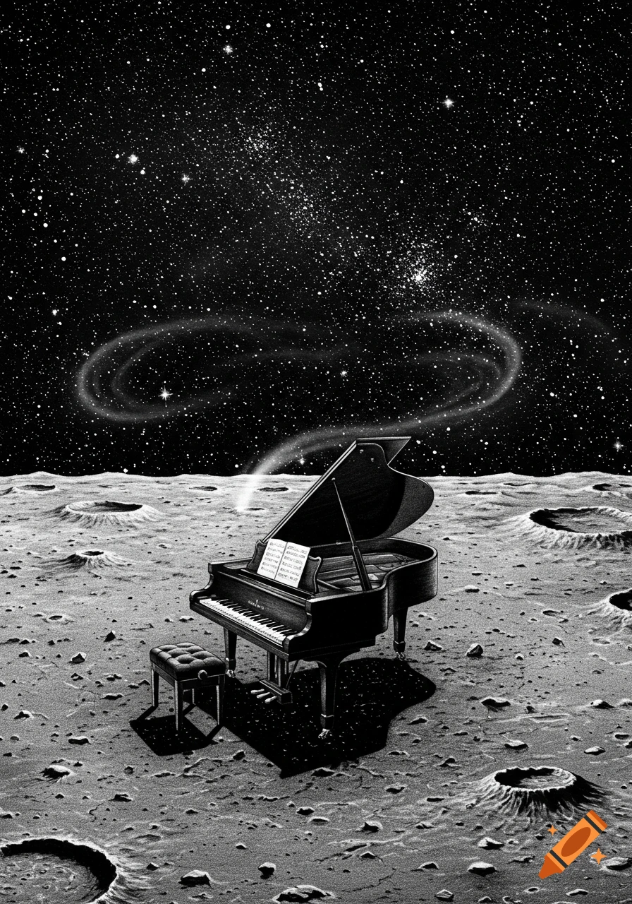 Black and white drawing of a grand piano and stool on the cratered surface of the moon, under a vast starry sky with a swirling light effect.