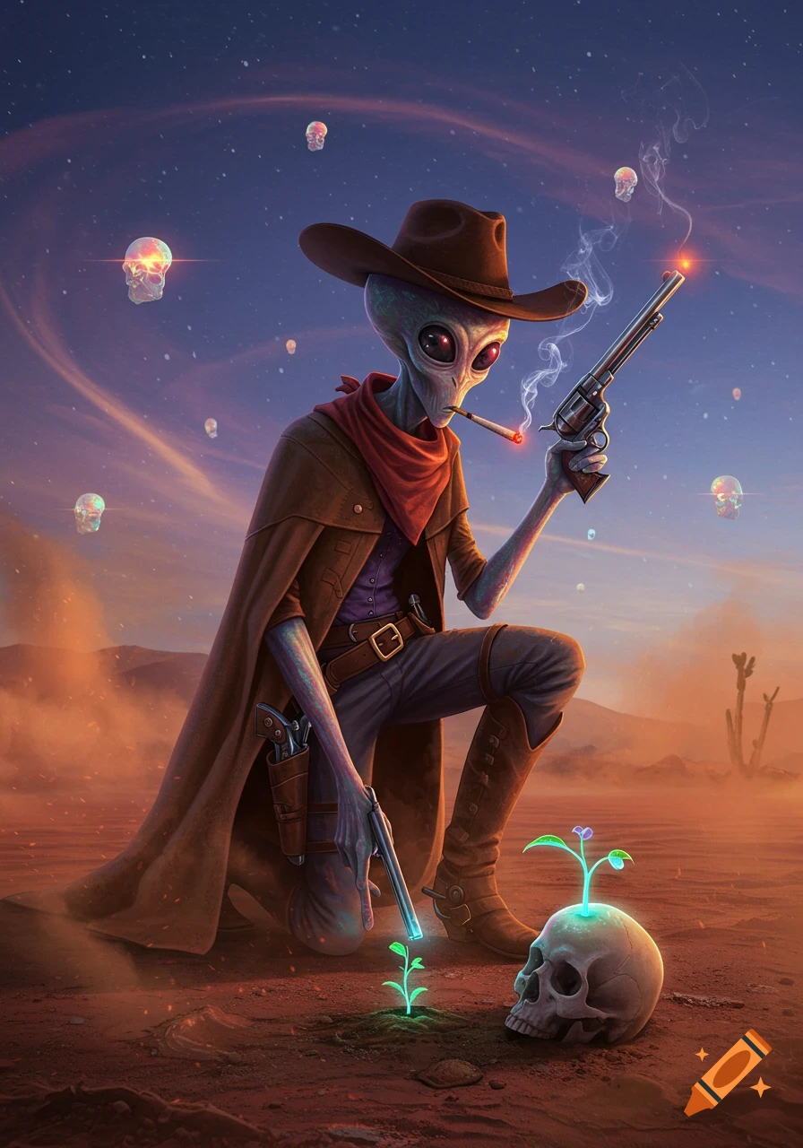 An alien cowboy kneels in a desert, holding two revolvers and a joint, with a glowing plant growing from a human skull.