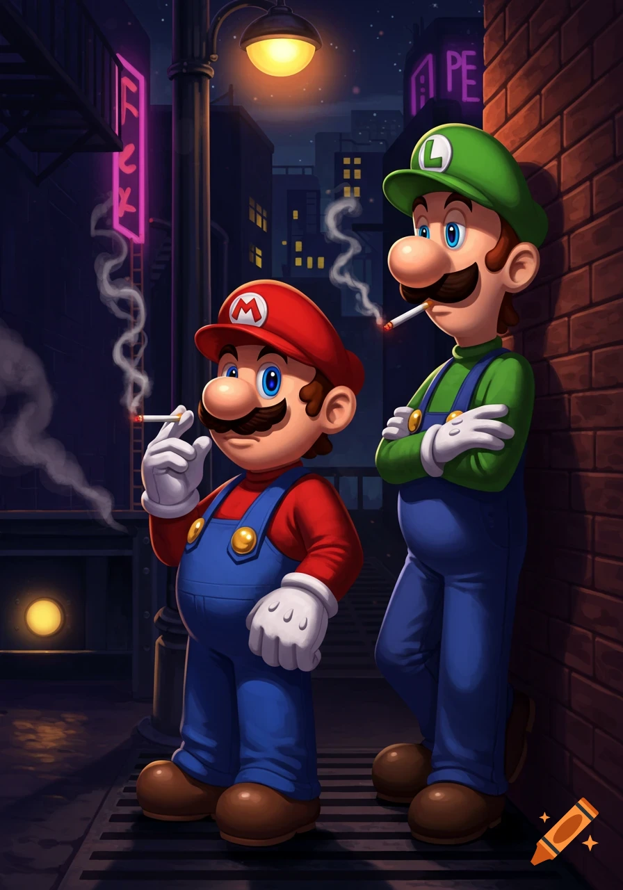 Cartoon Mario and Luigi smoking cigarettes in a dark city alley with neon signs at night.