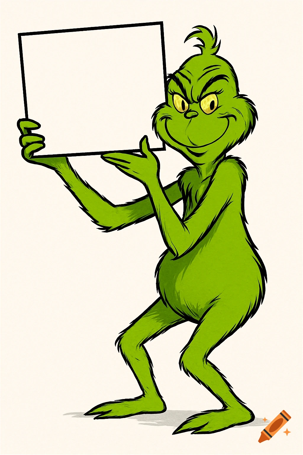 The Grinch holds a blank white sign, looking devious and smirking, on a plain background. Cartoon style.