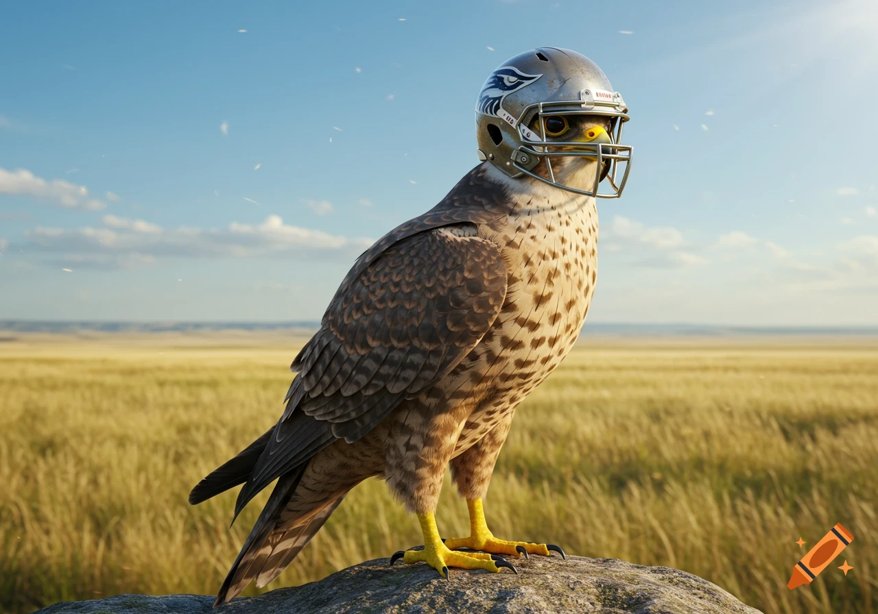 A photorealistic falcon with a football helmet on its head, perched on a rock in a golden field under a blue sky.
