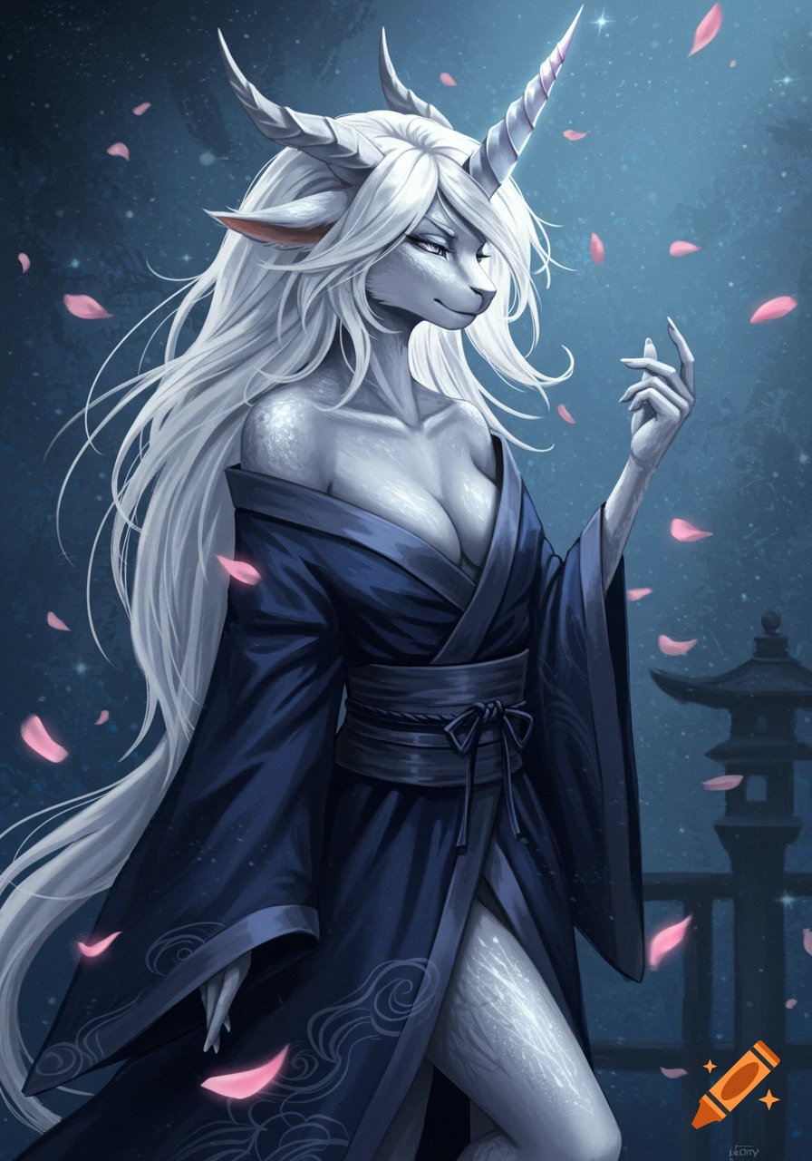 A graceful anthropomorphic silvery-white kirin in a dark blue off-the-shoulder kimono, standing against a starry night sky with falling pink petals.