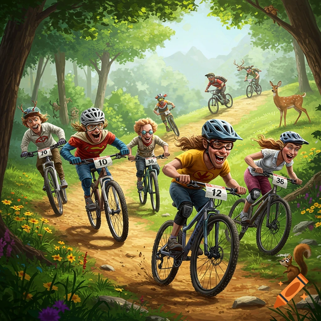 Cartoon of hilarious mountain bikers racing on a dirt path through a vibrant forest, with animals like deer and a squirrel.