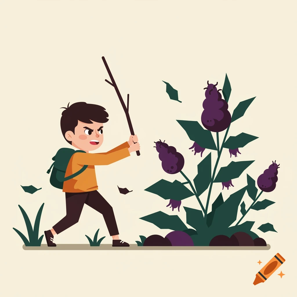 A cartoon boy with a backpack angrily whacks purple plants with a stick.