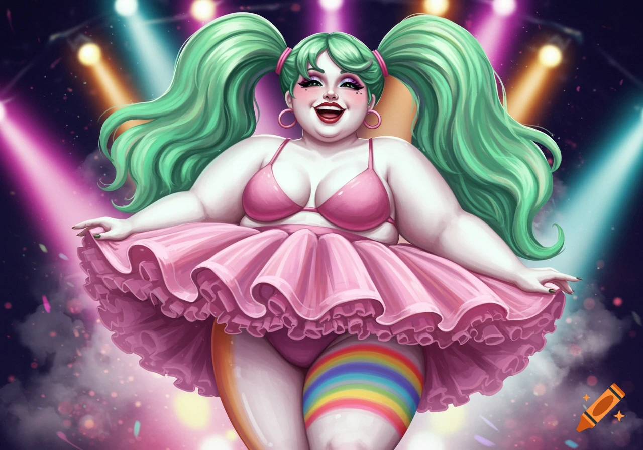 Chubby woman with green pigtails, pink bra and tutu, and rainbow thigh-highs, on a stage with spotlights, digital art.